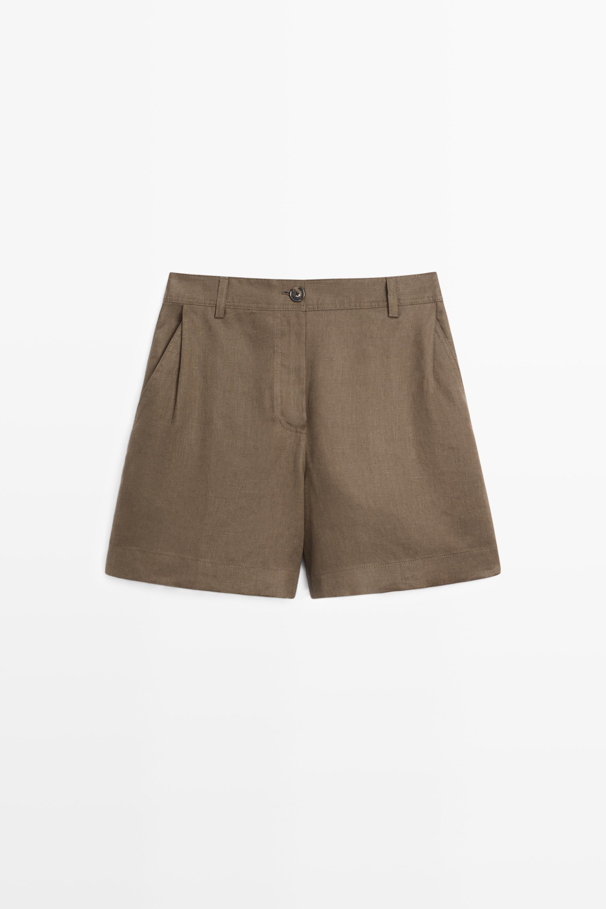 Pleated 100% linen shorts